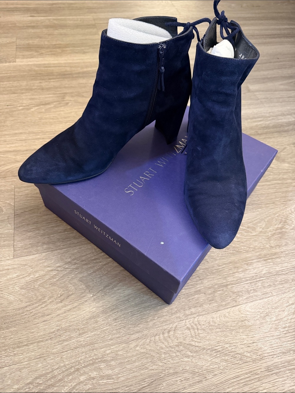 Stuart Weitzman Dark Navy Suede Tie-Back Ankle Boots